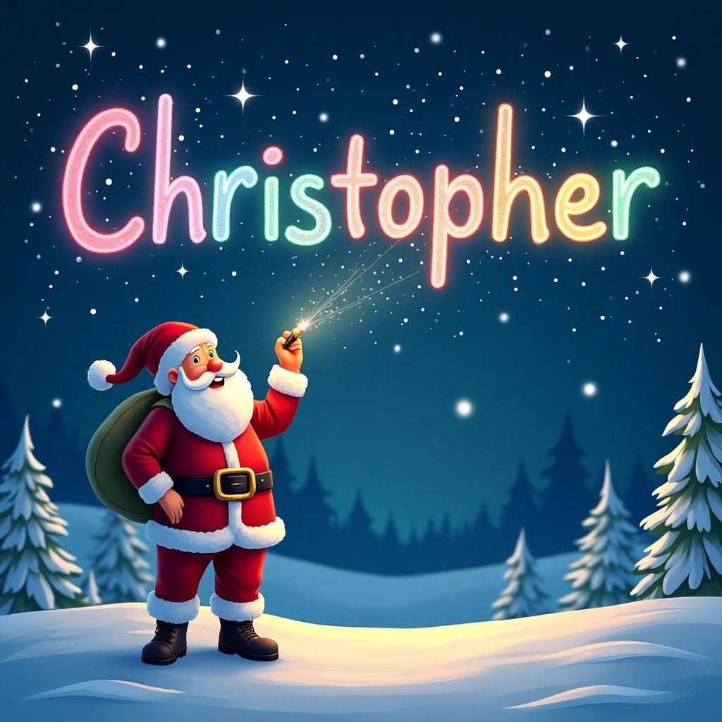 This image depicts a festive scene featuring Santa Claus in a snowy landscape. Santa is joyfully looking up at the name 'Christopher' which is beautifully written in colorful glowing letters in the night sky. He is holding a sparkler or glow pen that creates the vibrant writing above him. The background showcases tall snow-covered trees, enhancing the winter wonderland theme. The overall atmosphere is magical and celebratory, perfect for the holiday season.