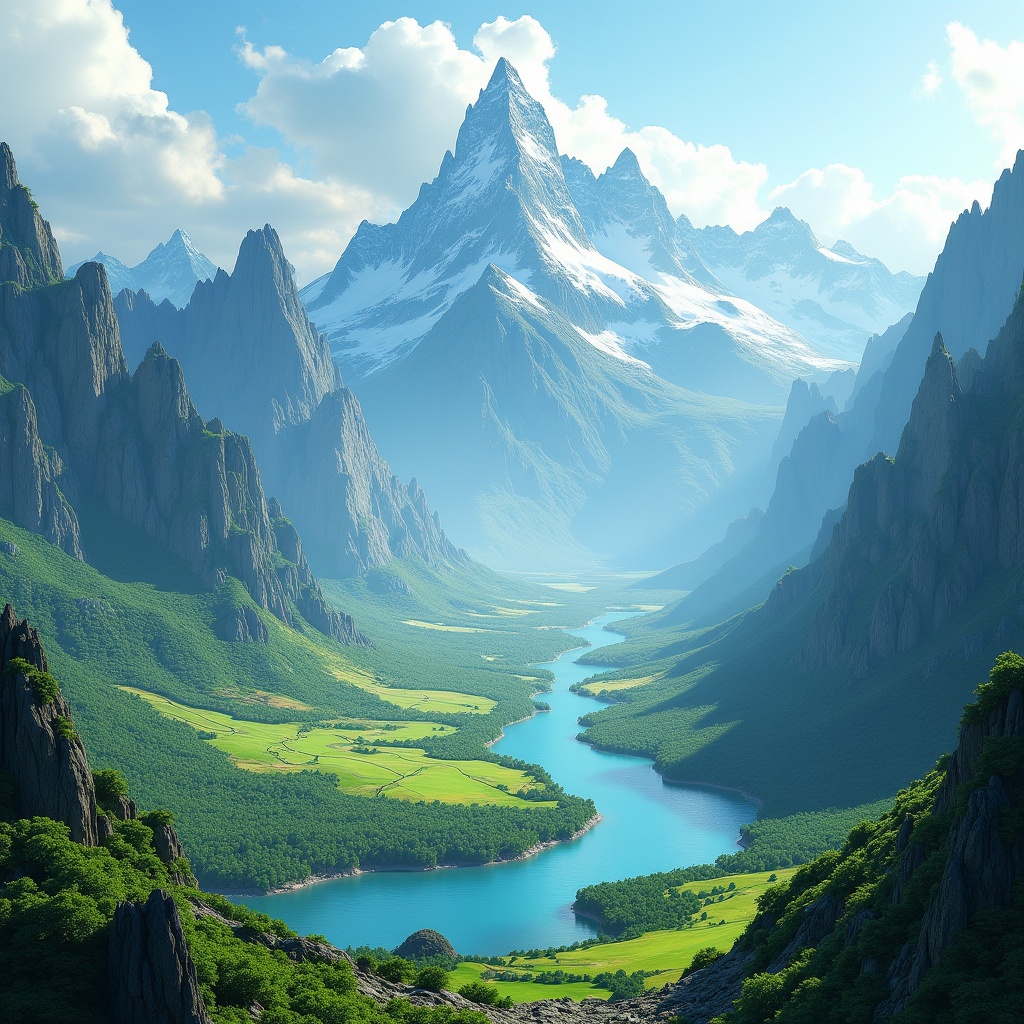 This image depicts a breathtaking fantasy heightmap showcasing a majestic mountain range. Towering peaks rise dramatically over lush green valleys while a pristine river winds gracefully through the landscape. The scenery is bathed in soft, natural light that enhances vibrant greens and blues. This serene setting evokes a sense of adventure and tranquility.