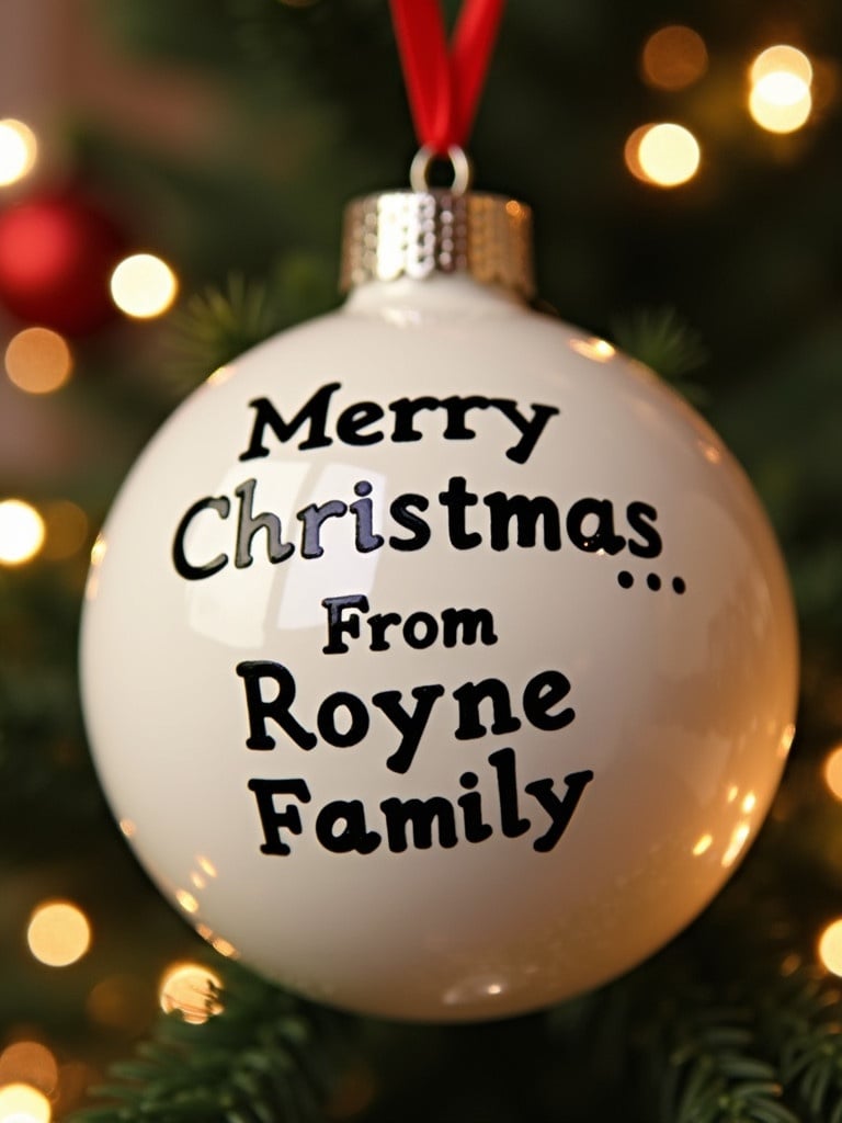 Close-up view of a white Christmas ornament. The ornament has the text 'Merry Christmas...From Royne Family'. Twinkling lights create a magical background ambiance.