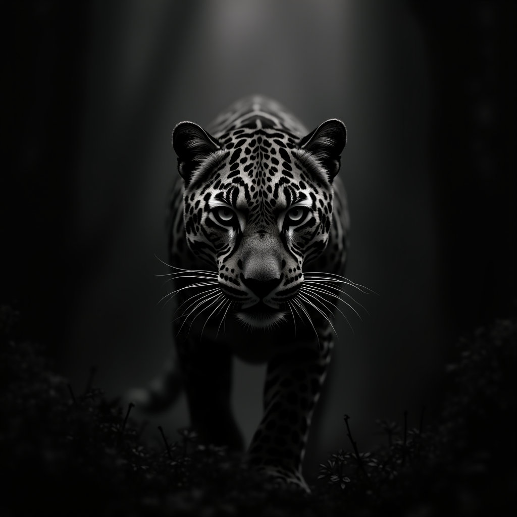 A jaguar, with intense eyes and striking spots, moves stealthily in a dark forest.