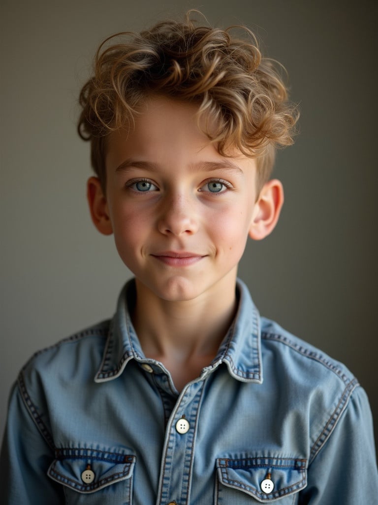 A portrait of a 15 year old European boy. He has very fair skin. He wears a denim shirt and stands still. The background is softly blurred. The focus is on the boy's upper body and clothing.