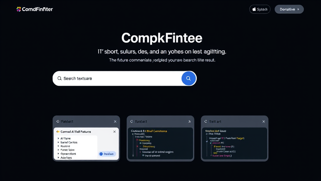 A sleek tech-themed interface featuring a search bar and code snippets against a dark background.