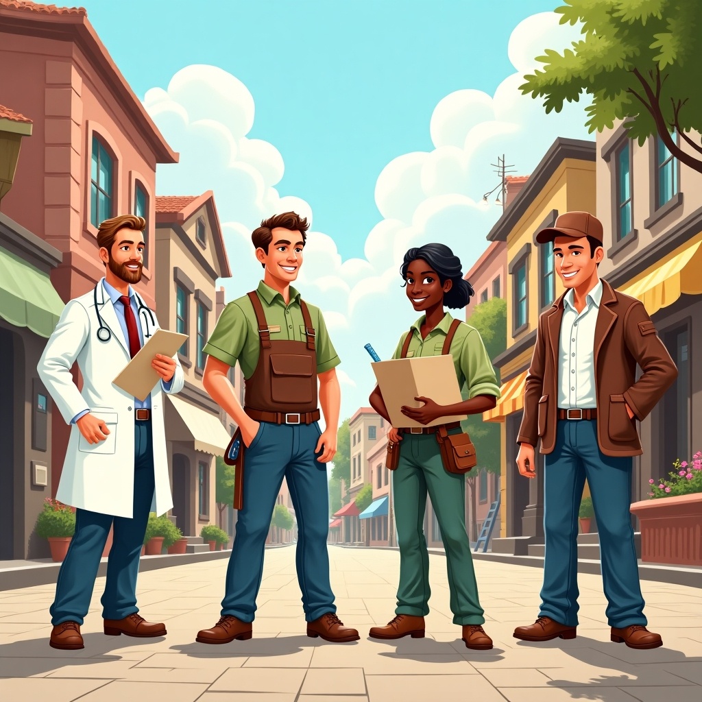 The image features a group of four professionals: a doctor, a postman, a pharmacist, and a carpenter, all standing together in a lively street setting. They are depicted in a colorful and cheerful style, with each person dressed in attire that represents their profession. The doctor wears a white coat and holds a clipboard, while the postman carries a mailbag. The pharmacist is seen with a notepad and the carpenter is equipped with tools. The background reveals charming buildings and trees, creating a welcoming community vibe. The characters portray diversity, working together in their respective fields.