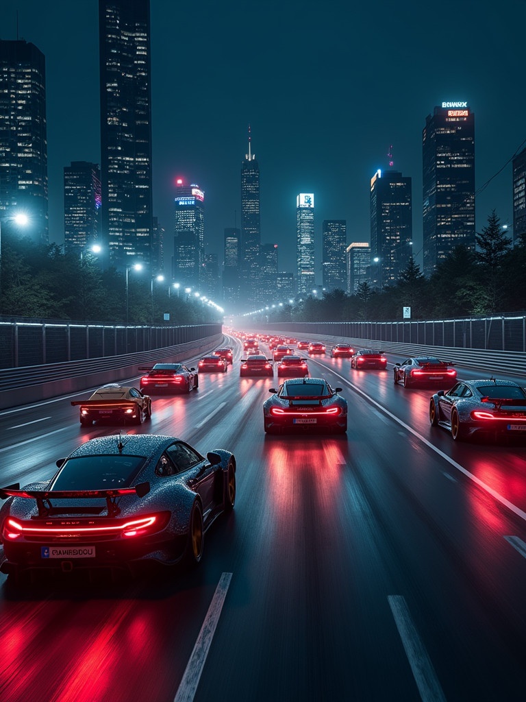 Image shows multiple cars racing on a city track at night. City lights illuminate the scene. The atmosphere reflects high speed and excitement.