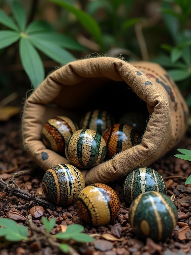 Spilled round marbles made of exotic snakeskin with wood inlays. Worn sack made of snakeskin scraps. Scene resembles forest floor. Amazon jungle environment.