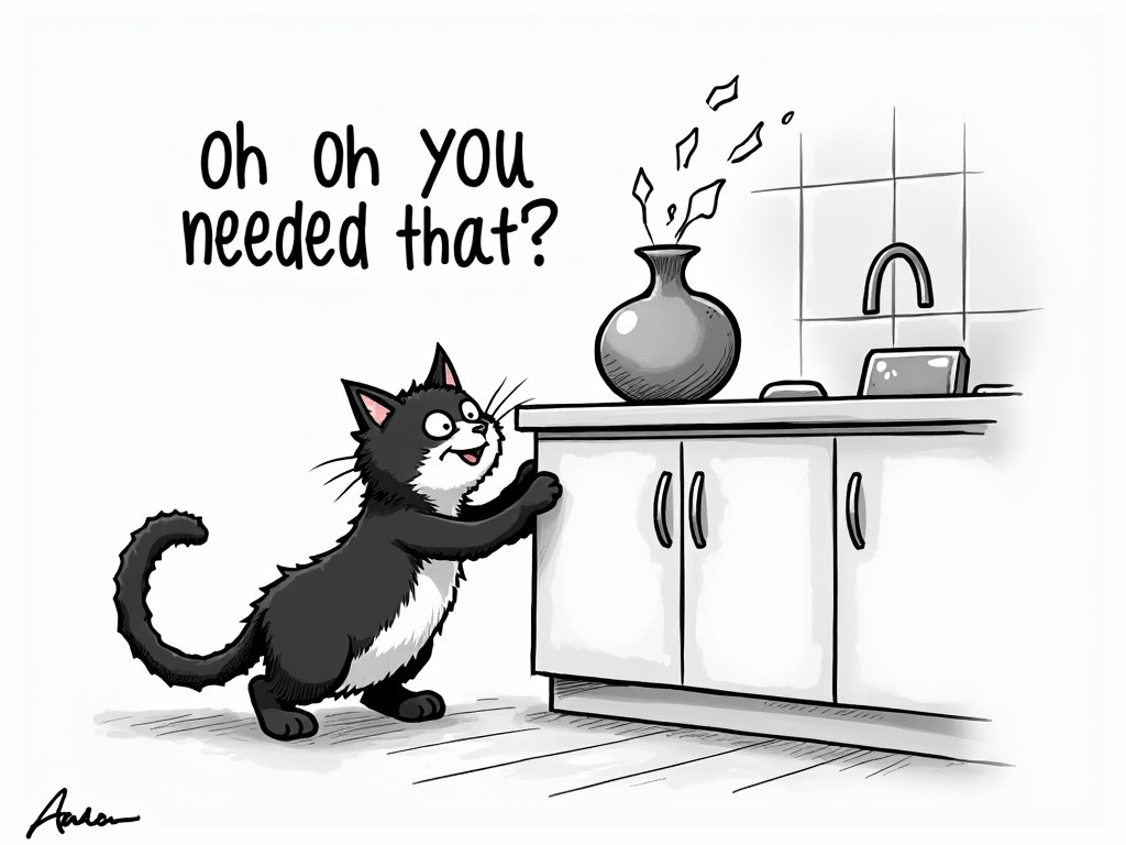 This is a black and white illustration depicting a mischievous cat. The cat is at the edge of a kitchen counter, pushing a vase off with its paw. The vase is shown mid-fall, captured in an exaggerated cartoon style. Above the scene, text reads 'oh you needed that?' in playful font, emphasizing the humor of the situation. The design focuses on the cat's curiosity and the chaos it brings, making it relatable to pet owners. It's an engaging piece that captures a funny moment in a household setting.