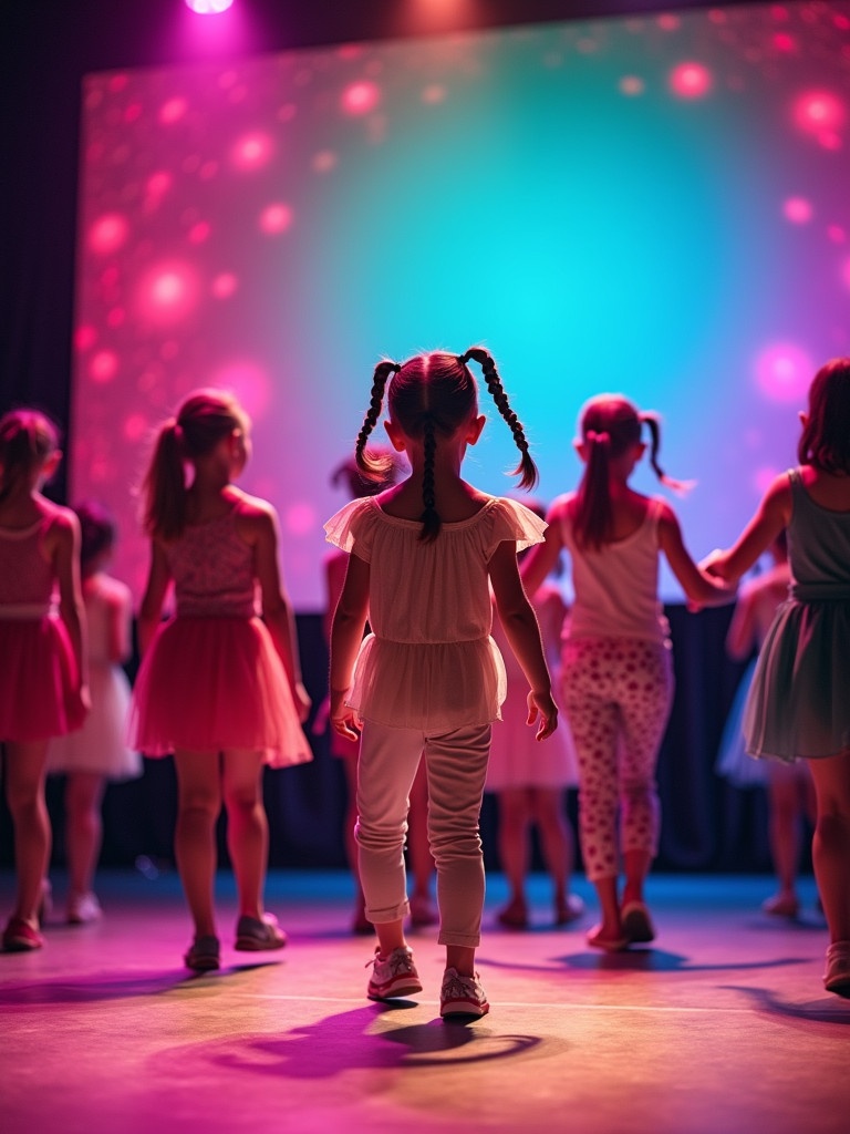 Colorful theater setting group of children performing on stage vibrant gradient backdrop girl highlighted energetic presence wearing light outfit against peers dressed darker colors filled with excitement and movement