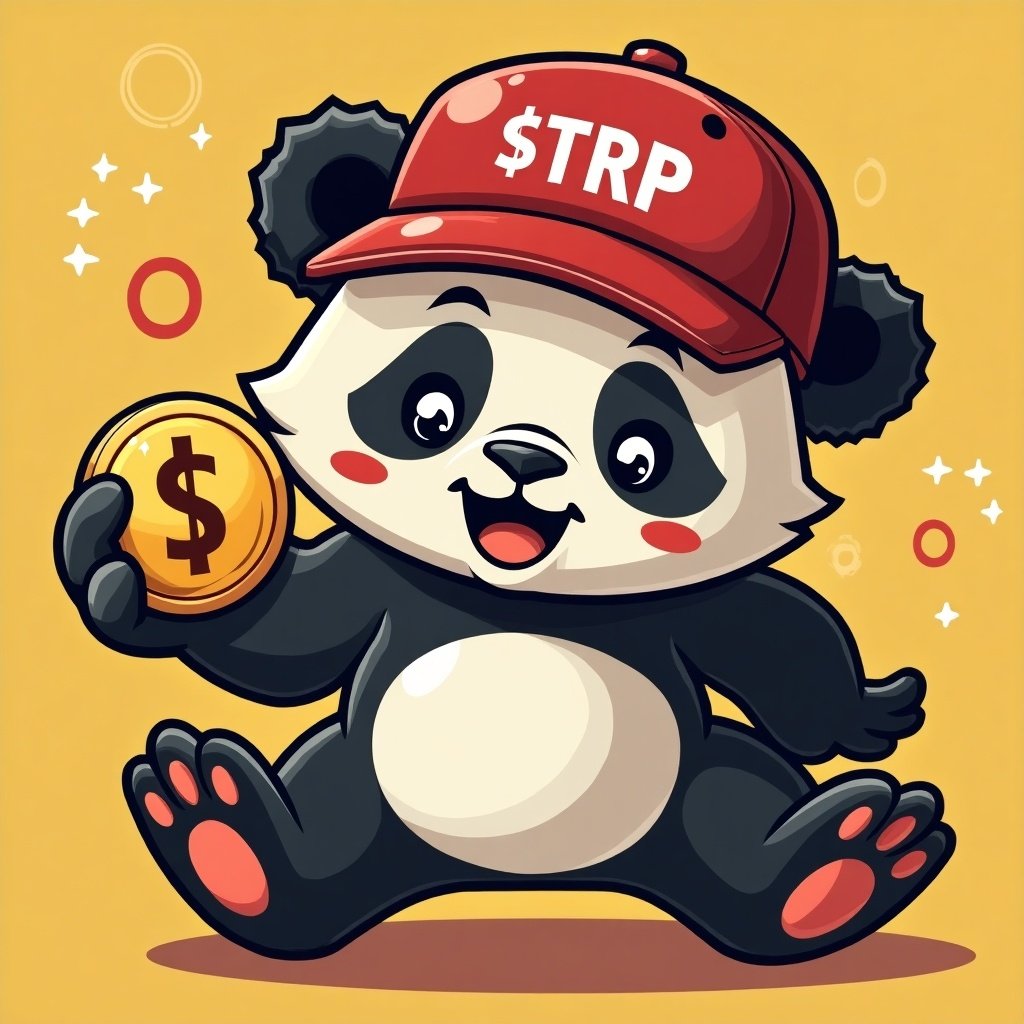 A panda wearing a red baseball cap called '$TRP' holding a coin called $TRP. The panda looks energetic and cheerful, celebrating. The background is yellow, creating a festive atmosphere.