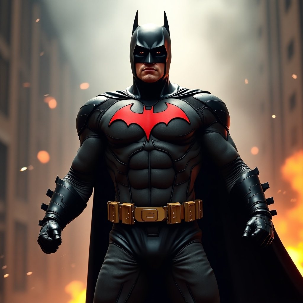 Cincinnati Bengals quarterback depicted as Batman. Full batsuit with emphasis on strength. Standing triumphantly in a dramatic setting.