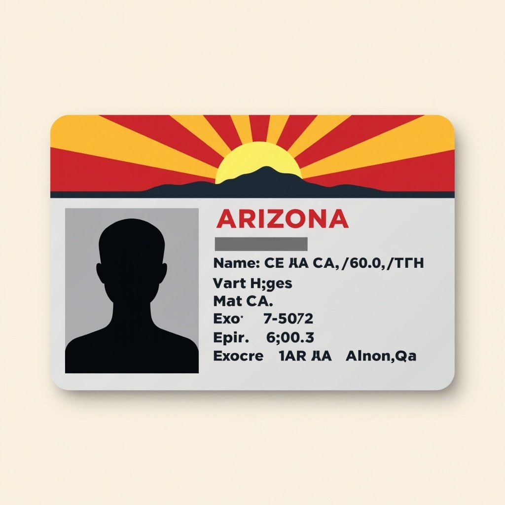 Graphic illustration of an Arizona state identification card. Features a vibrant sunset background with red and yellow rays. Main focal point is a black silhouette representing a person. Includes fictional details like name and expiry dates. Card emphasizes identity verification with a minimalistic layout.