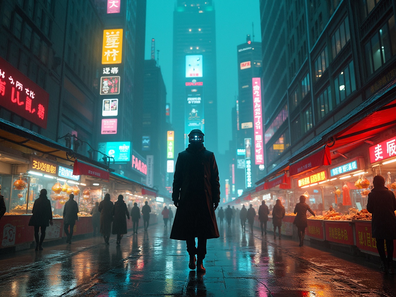 A lone figure walks through a neon-lit, futuristic street market on a foggy night.