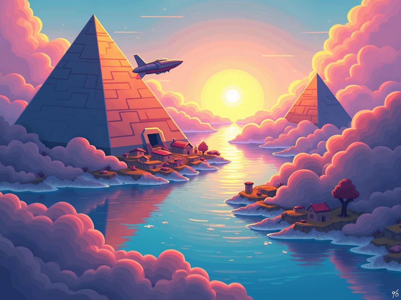 This image features a stunning isometric view of a prismatic geometric landscape. It showcases a cartoon-style illustration of a small village with a spaceship on the left. The scene includes a majestic pyramid rising above swirling clouds. The setting is vibrant with colors, illuminated by a radiant sunset in the background. Reflections gently ripple across the water, adding a surreal, dreamlike atmosphere to the composition.