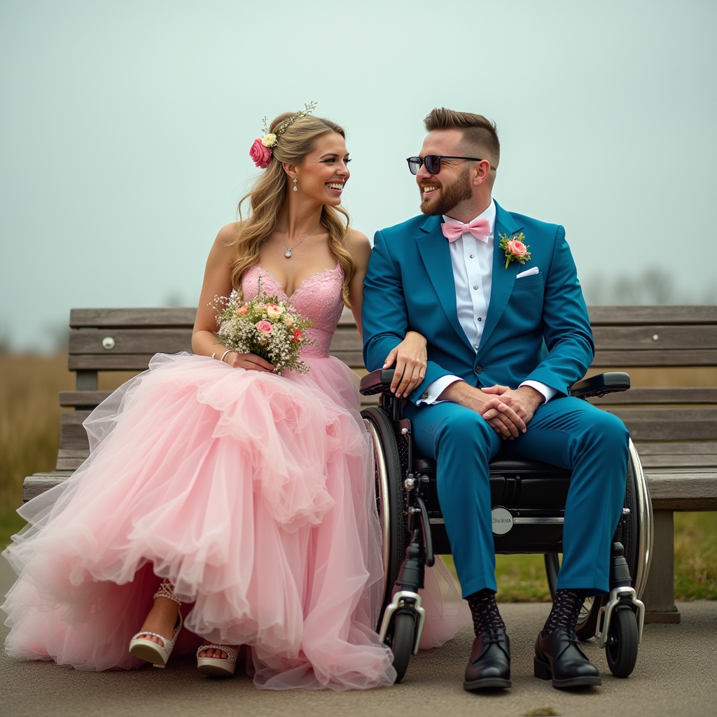 A couple in elegant attire sits joyfully on a bench, highlighting a beautiful bond.