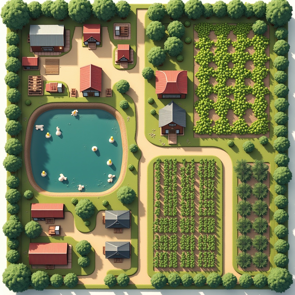 Detailed layout of a farm showing various sections and areas including a pond, crop plots, dairy unit, and pathways. Each section represents different agricultural activities.