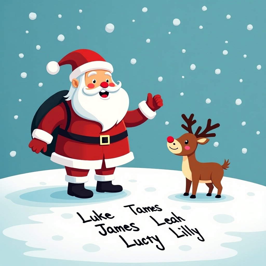 A jolly Santa Claus standing in a snowy landscape. He writes names in the snow including Luke, James, Leah, Lucy, Lilly. A cheerful reindeer observes. Bright blue background and fluffy white snow create a festive and magical atmosphere.