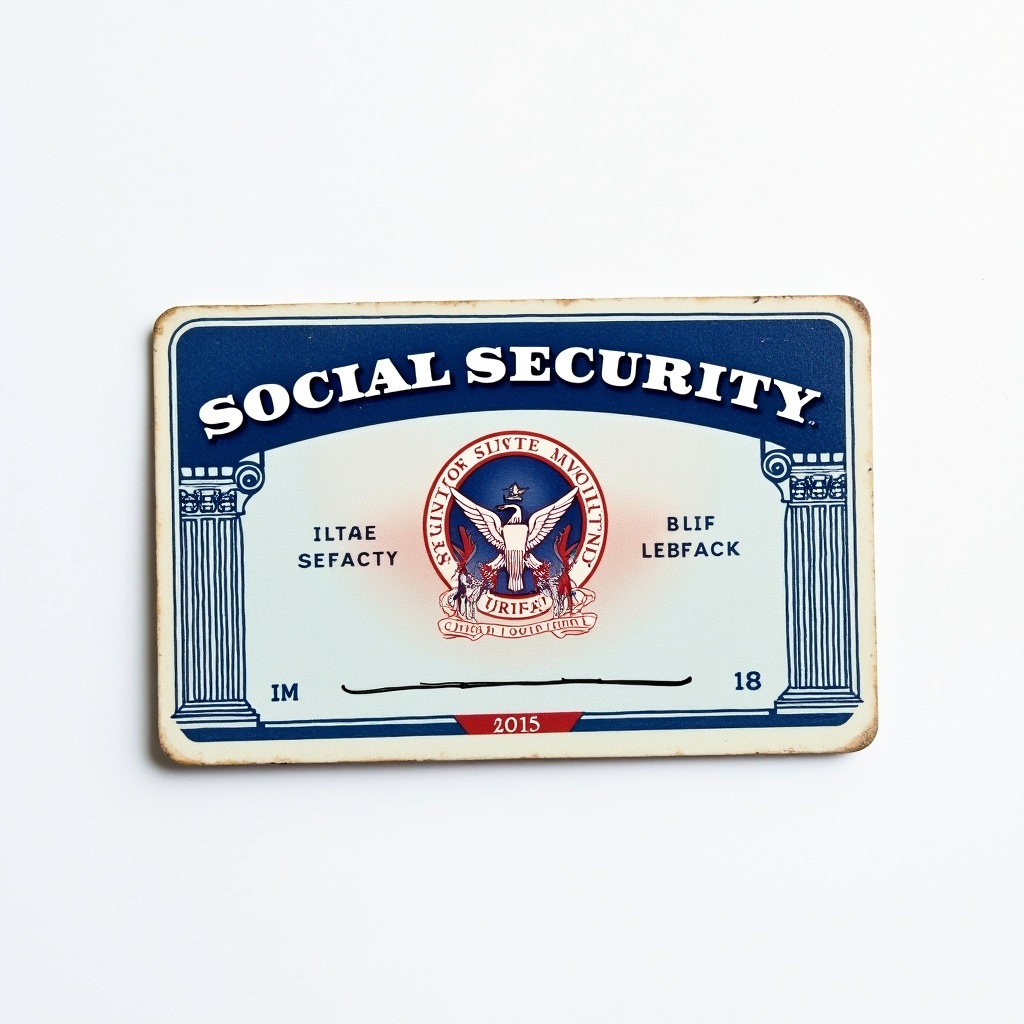 Image of a Social Security card. It is a vital document for identity verification in the United States. Card displays 'Social Security' at the top. The design features blue, white, and red colors typical of U.S. government documents. High resolution allows for detail study of its format.