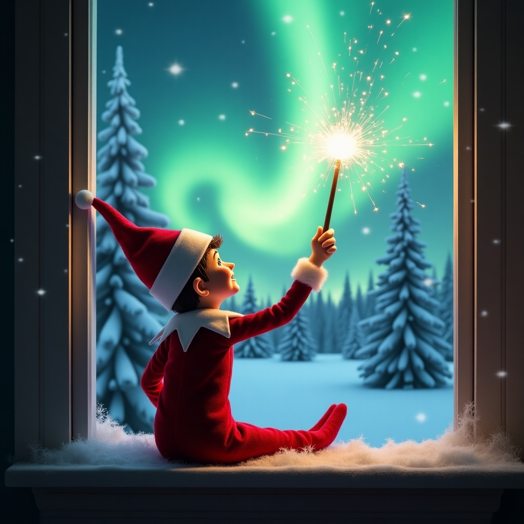 An elf on the shelf sits on a window ledge with its back to the viewer. The elf holds a wand creating twinkling sparks while looking at northern lights. Snow-covered pine trees are in the background, creating a winter wonderland. The elf is dressed in a vibrant red outfit with white trim, capturing the Christmas spirit. The scene has enchanting colors from the aurora borealis, enhancing the magical feel.