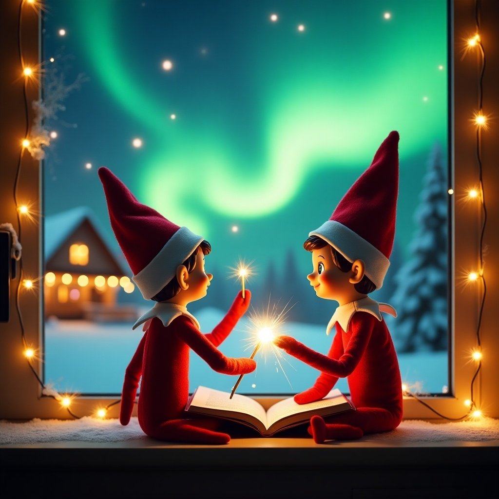 This enchanting image depicts two cheerful elves on the shelf, dressed in iconic red outfits with pointy hats, sitting by a window. They are engrossed in a book illuminated by a soft glow, suggesting the exchange of holiday secrets. Outside, the spectacular northern lights dance in vibrant greens and blues, creating a magical backdrop. Delicate holiday lights frame the window, adding to the festive atmosphere. The overall mood is warm and inviting, perfect for celebrating the spirit of Christmas and anticipation for visits from Santa.