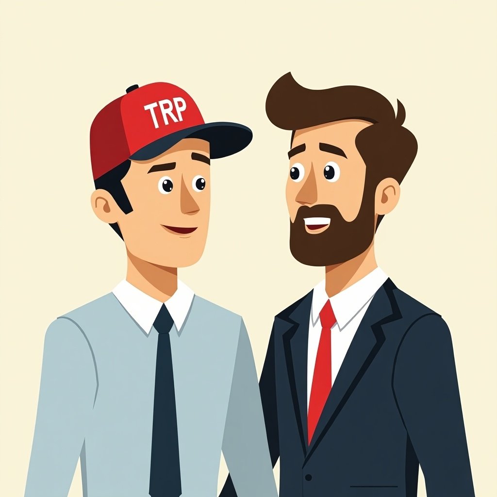 Cartoon character of two men. One man is an employee. He wears a red baseball cap with TRP. The other man is his employer. He wears a suit.