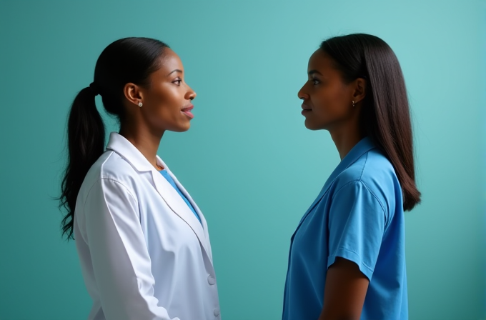 Two women in medical uniforms face each other against a teal background, symbolizing collaboration.