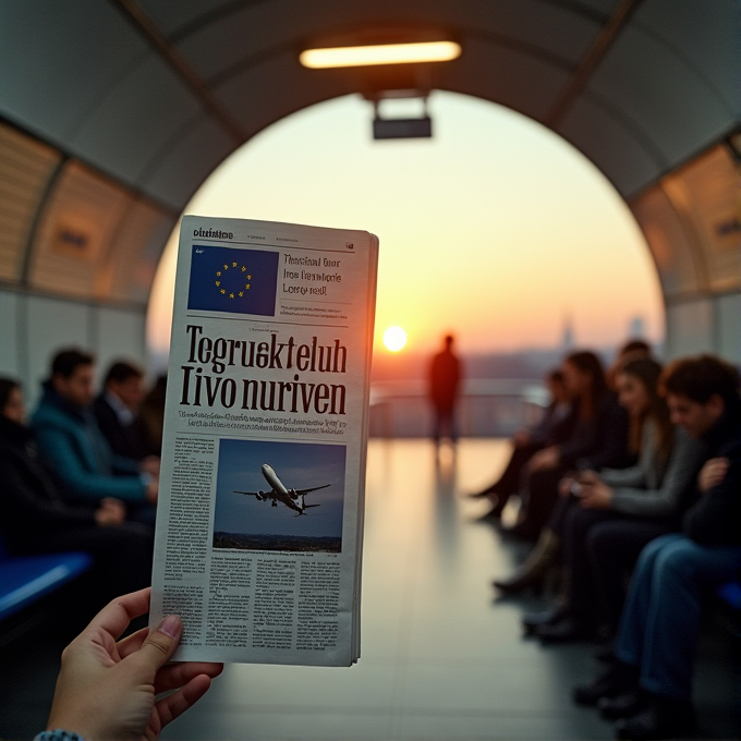 A person holds a newspaper at a transit stop with a vibrant sunset view through an arched window, while others sit on benches.