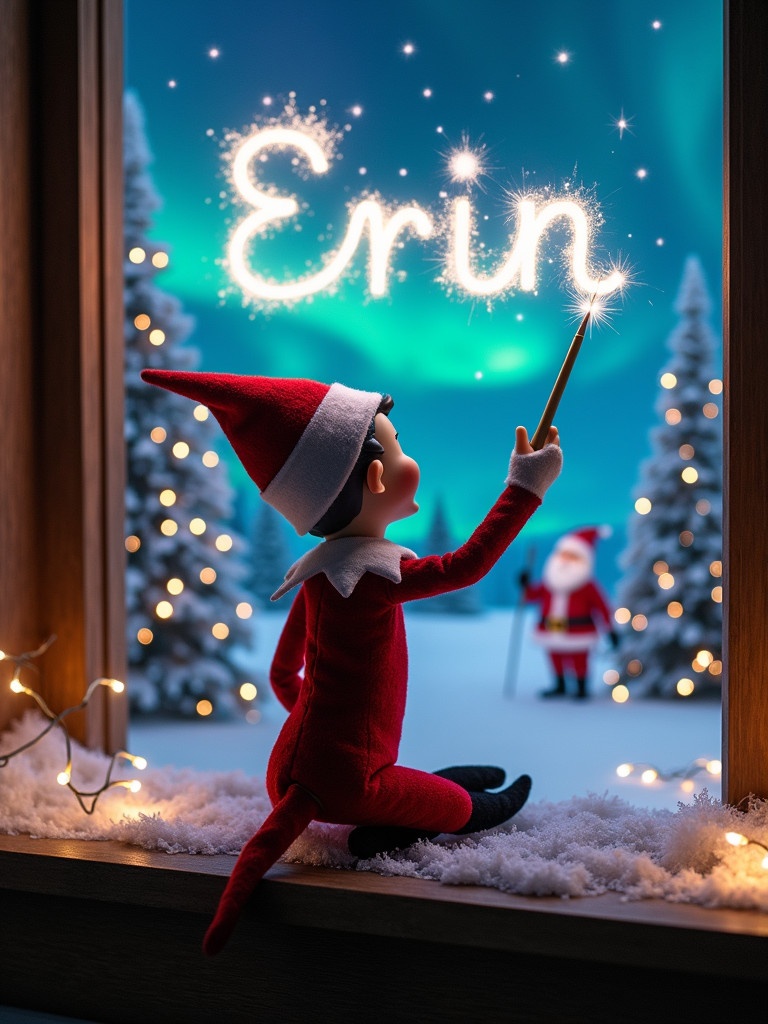 An elf on the shelf sits at a window. He uses a wand to write 'Erin' in sparkles. The night sky is vibrant with northern lights. Snow-covered trees surround him. Santa Claus is visible in the background. The atmosphere is magical and festive with lights.