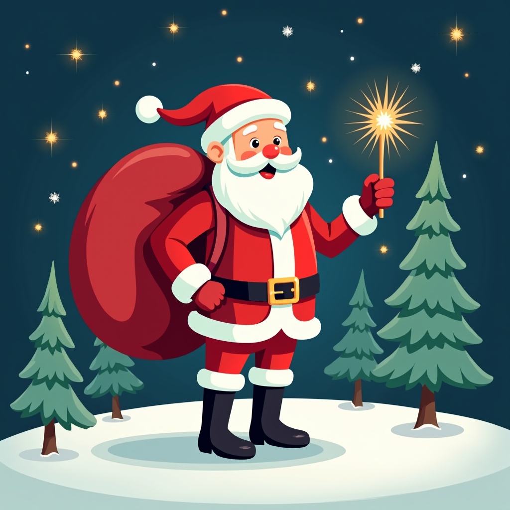 The image features a cheerful Santa Claus standing in a snowy landscape. He has a large red sack slung over his shoulder and is holding a sparkly wand. Santa is dressed in his traditional red and white outfit, complete with a belt and boots. Behind him, the night sky is illuminated with twinkling stars. Pine trees dot the snowy ground, encapsulating a festive winter atmosphere.