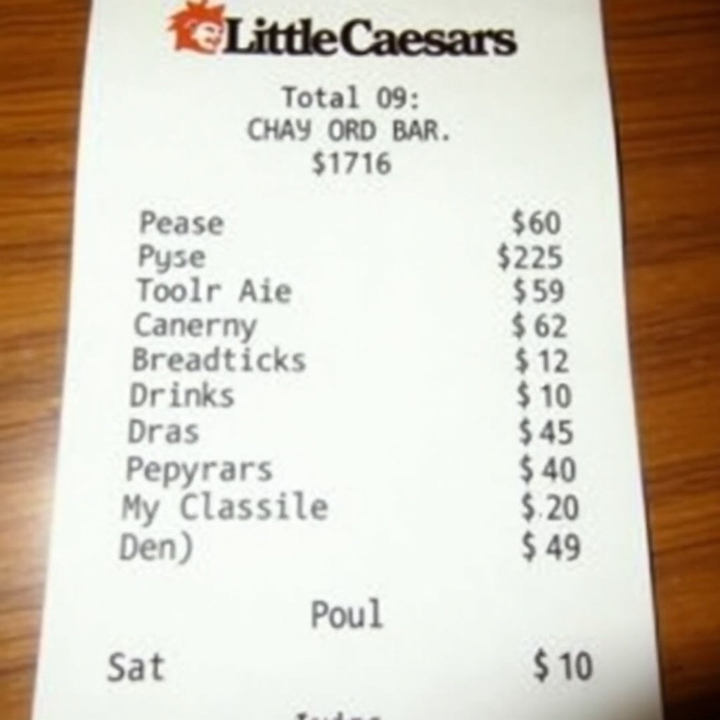 Receipt from Little Caesars showing order details with costs listed.