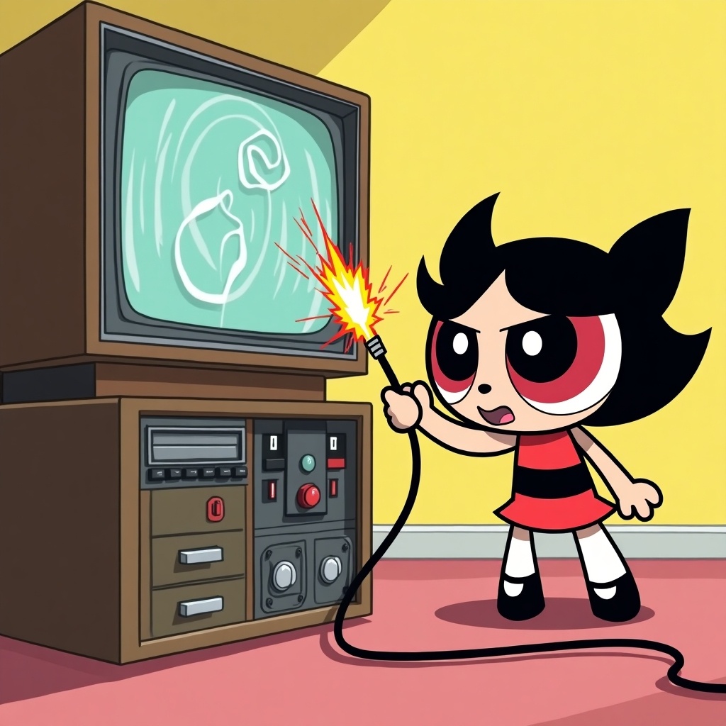 In a classic Powerpuff Girls style, the image features Docinho in a playful scenario. She is intently working on an electrical cable, trying to get the TV to catch a better signal. The background showcases a retro TV with a static screen and vivid colors that pop, typical of the series’ animation style. Sparks humorously fly from the cable, adding a lighthearted touch. Docinho's determined expression drives the amusing scene forward, making it engaging and lively.