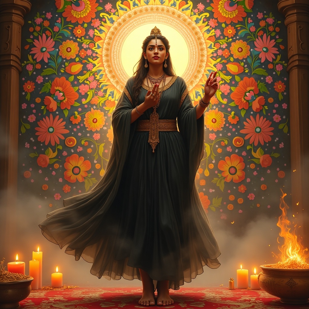 Detailed illustration of a Hindu figure in black garment standing in the center. Surrounded by vibrant flowers and candles.