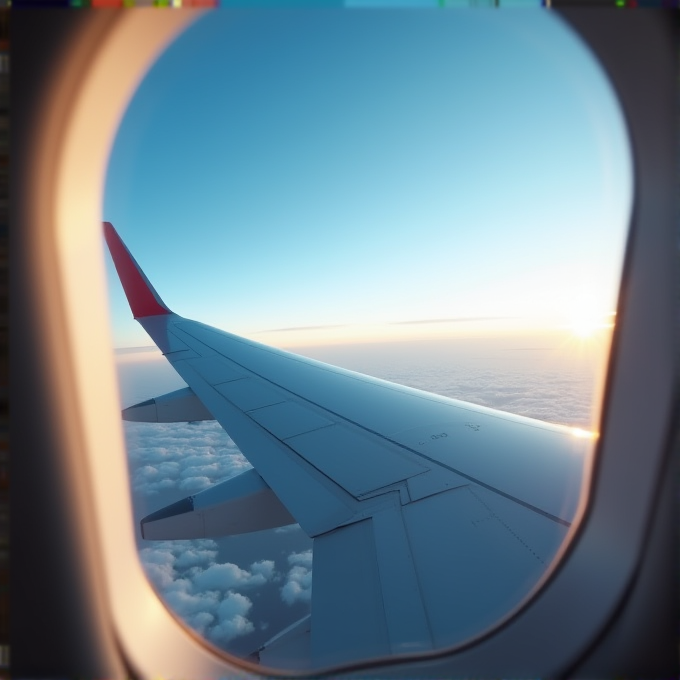 A peaceful view from an airplane window showing the wing against a sunrise.