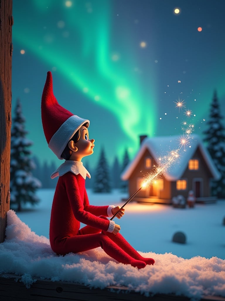 Elf on the shelf sits gazing at the northern lights with a glowing wand. Cozy house in the distance with snow on the ground. Magical Christmas atmosphere.