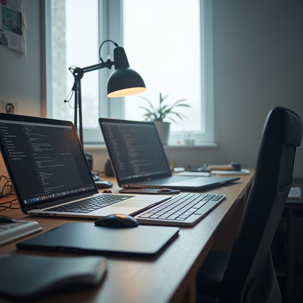 A tidy home office setup with dual laptops, keyboards, and a desk lamp, emanating a modern and minimalist vibe.