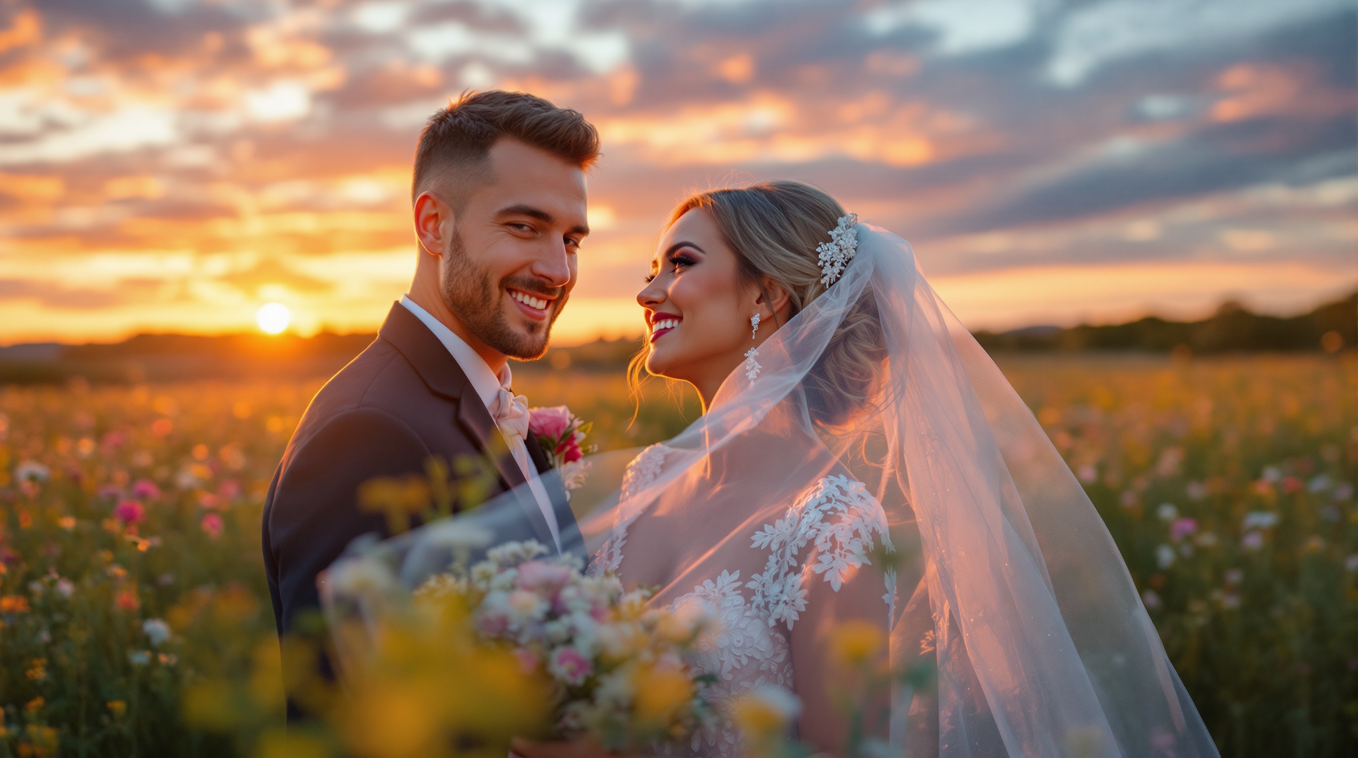 Stunning portrait of a bride and groom in a vibrant meadow during sunset. Captured with a Canon EOS 5D Mark IV. Features soft bokeh in background with wildflowers. Bride's veil flows in breeze. Colors rendered with lifelike clarity.