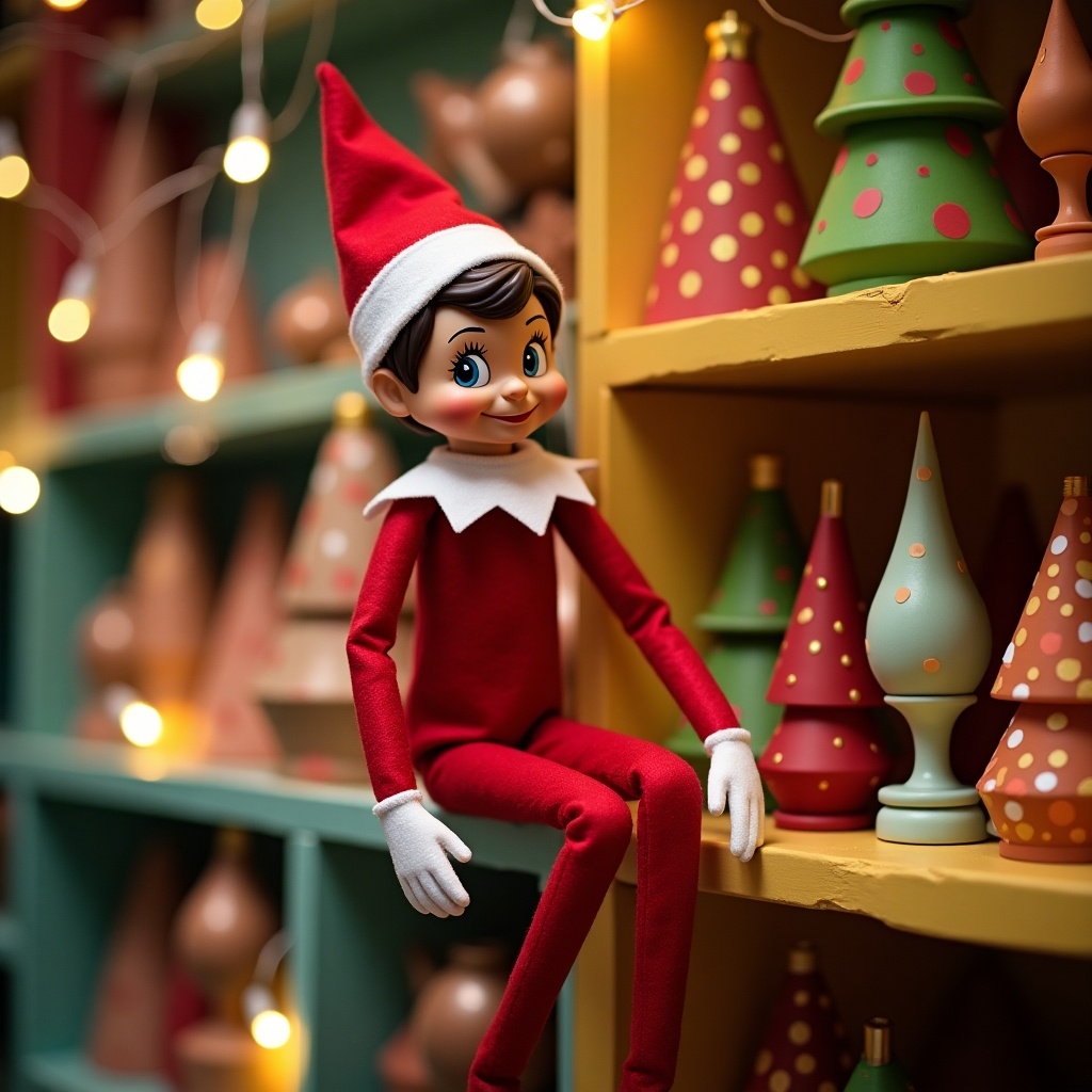 The image features an Elf on the Shelf doll sitting cheerfully on a brightly colored shelf filled with festive decorations. The elf, dressed in a red outfit with a white collar, has a playful and innocent expression. Surrounding the elf are various decorative Christmas trees in vibrant colors, adding a festive touch. Soft, warm lights are twinkling in the background, enhancing the cozy holiday atmosphere. This charming scene encapsulates the spirit of Christmas and the tradition of Elf on the Shelf, making it a perfect representation of holiday cheer.