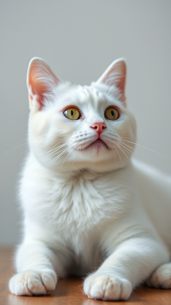 A close-up of a white cat with striking yellow eyes gazing intently.