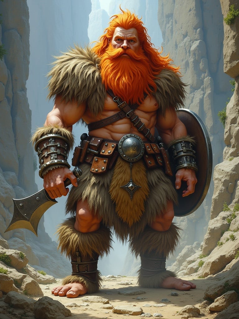 Barbarian character depicted in a fantasy landscape. Character has a large physique with fur apparel and a massive axe. The scene is set in a narrow canyon.