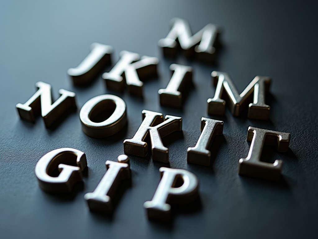 The image showcases an arrangement of metallic letters placed artistically on a dark surface. Each letter has a shiny finish that reflects the soft lighting around it. The letters are randomly positioned, creating a visually interesting pattern. The contrast between the metallic sheen and the dark background adds depth to the composition. This close-up shot emphasizes the texture and style of the letters, making it suitable for various design applications.