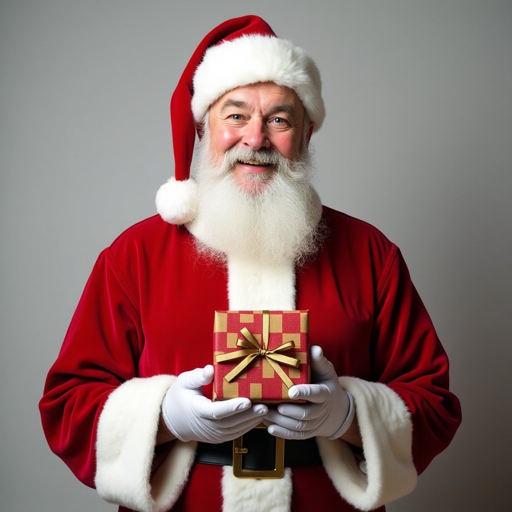 Man dressed as Santa Claus holding a decorated gift. Outfit has red and white colors with a big beard. Neutral background.