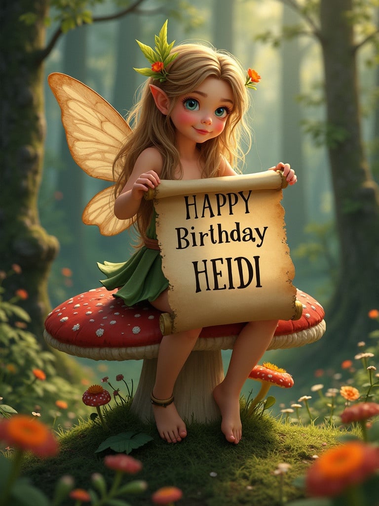 A fairy sitting on a mushroom in a forest. The fairy holds a scroll that says Happy Birthday Heidi in elegant writing.