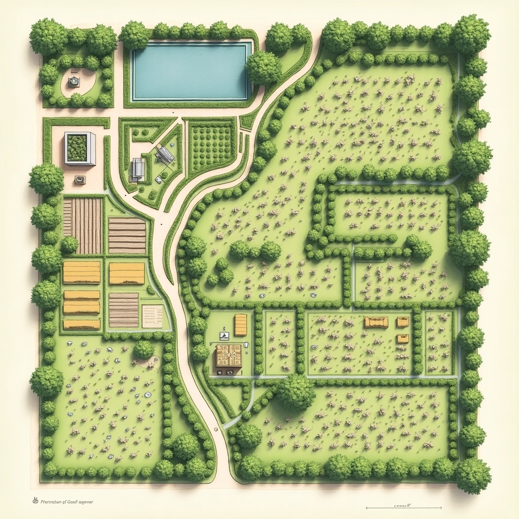 A detailed layout plan of a 2.5-acre farm. Various units include dairy unit, duckery and fisheries, horticulture plants, crop production, with clear pathways and buffer zones. Dimensions clearly marked for all areas.