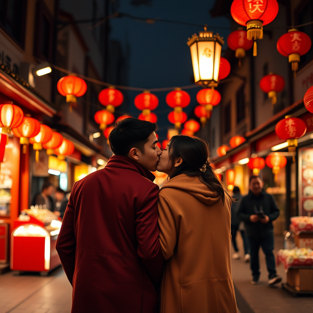 A couple shares a romantic kiss under glowing red lanterns in a bustling, festive street scene.