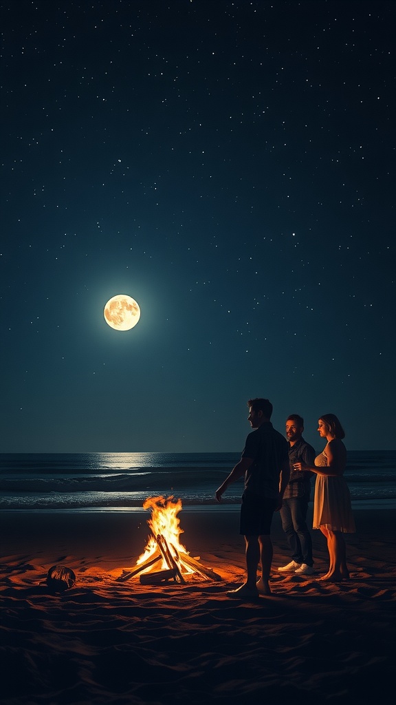 Three people are gathered around a warm bonfire on a serene beach under a stunning full moon. The moonlight casts a silvery glow on the ocean, while the flames of the bonfire illuminate the sand. The night sky is sprinkled with stars, creating a peaceful and mystical atmosphere.