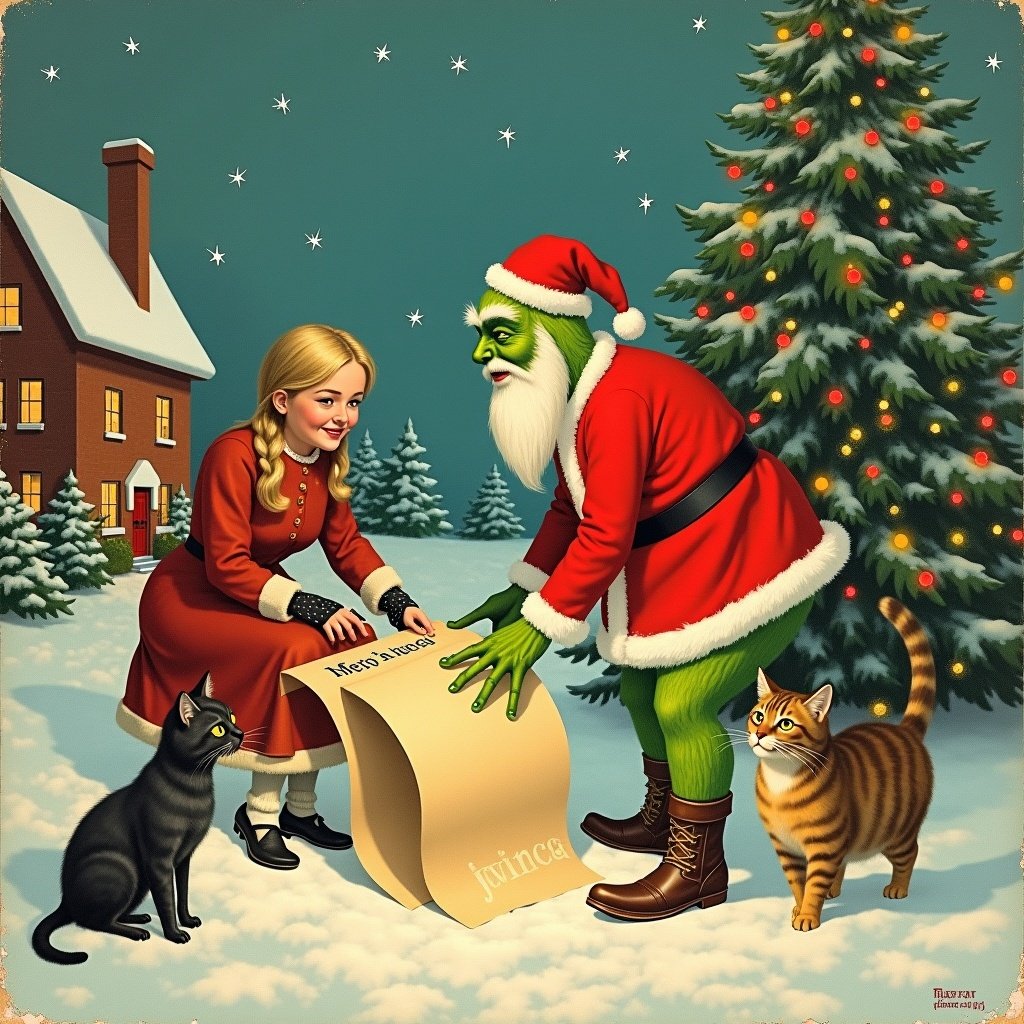 A vintage Christmas postcard scene. A Grinch in a Santa outfit writes on parchment. A young woman stands next to him. Cats play in the snow nearby. A decorated Christmas tree stands in the background. Houses are covered in snow. The mood is warm and nostalgic.