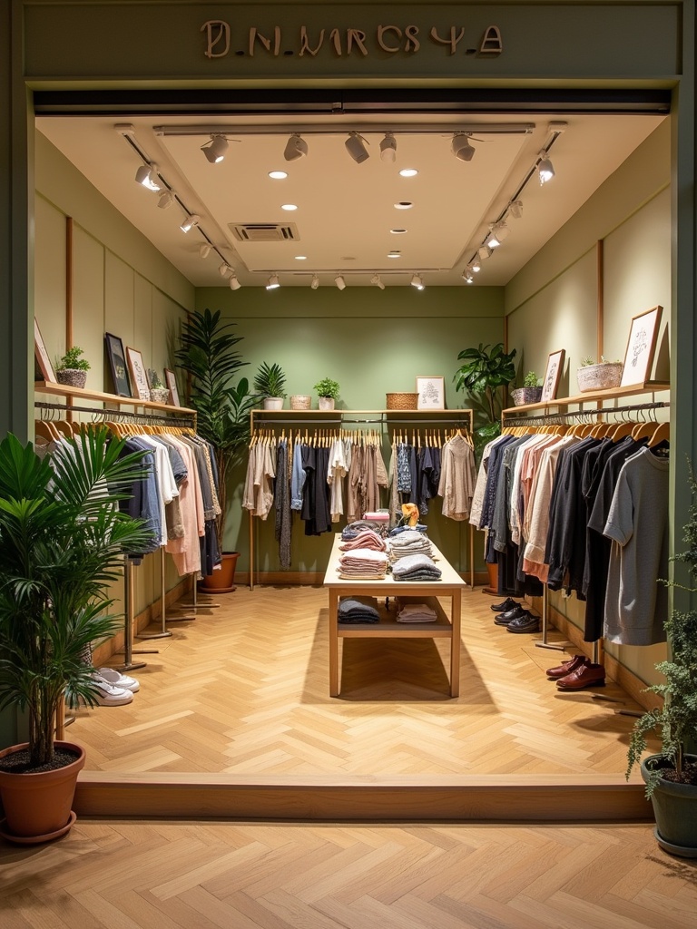 Modern clothing store named Omaraya. Light brown and green color scheme. Botanical touches with plants. Wooden parquet floor. Organized clothing displays. People walking inside the store.