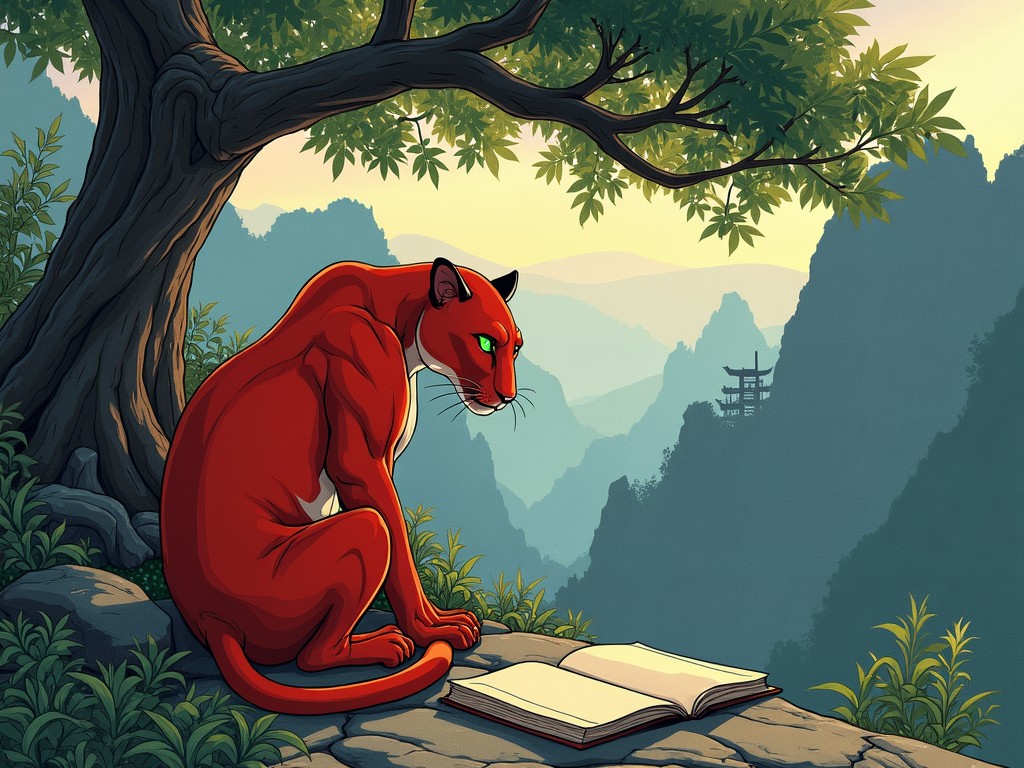 A vividly colored digital artwork depicting a large, red feline sitting under a lush tree on a rocky ledge, overlooking a vast, misty mountain landscape. The cat gazes thoughtfully at an open book lying at its feet, suggesting a moment of introspection or learning. The combination of vibrant colors and serene landscape creates a sense of mystique and wonder.