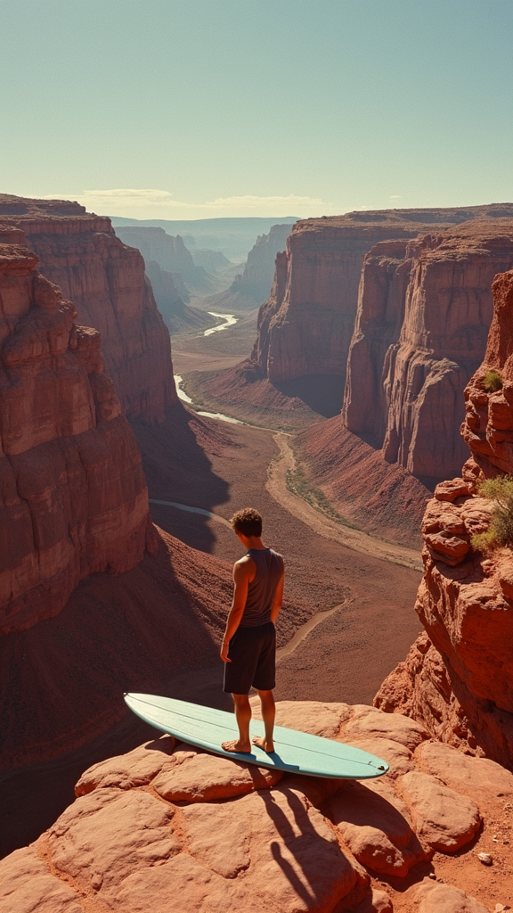 A person stands on a surfboard perched on the edge of a vast canyon, surrounded by towering red cliffs and a winding river below.