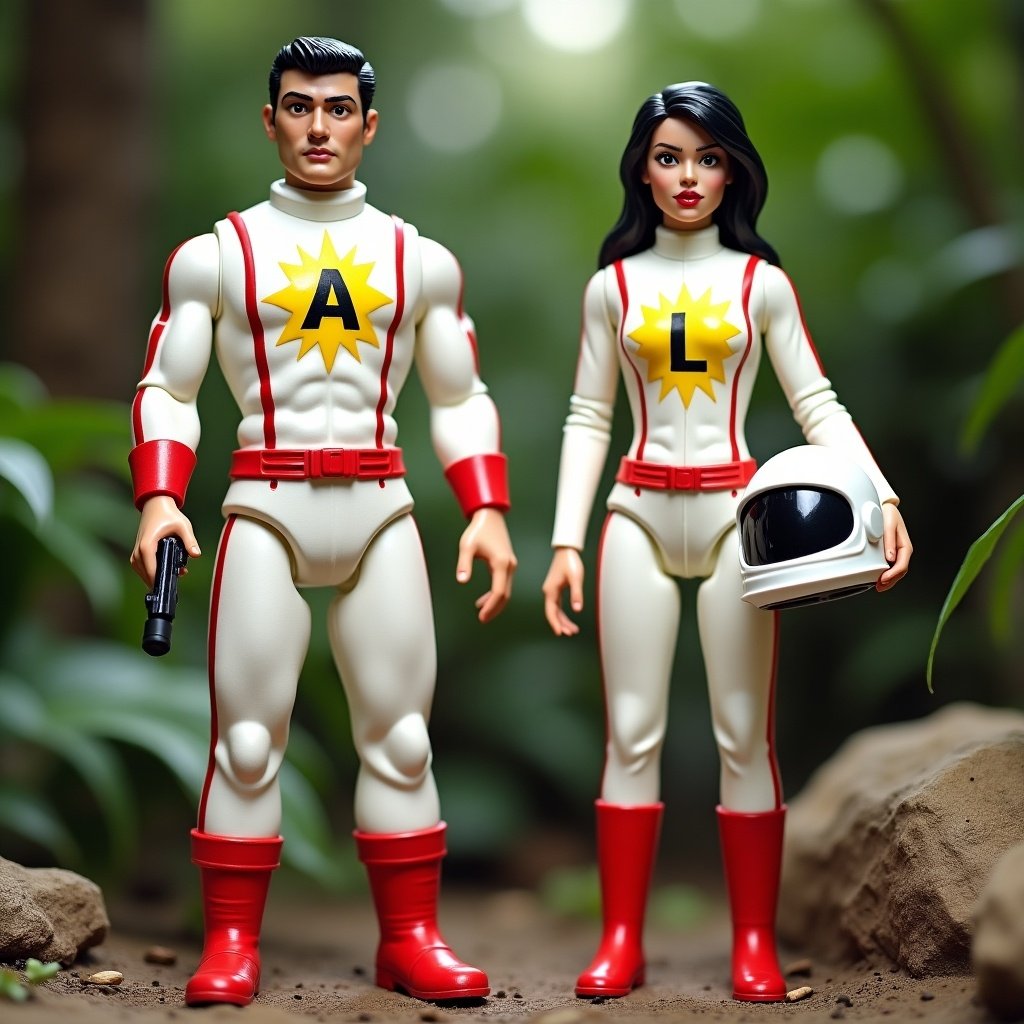 Outdoor shot of two sci-fi action figures in a jungle scene. Male figure in white jumpsuit with red accents. Female figure in matching jumpsuit. Both figures showcased in a dramatic pose.