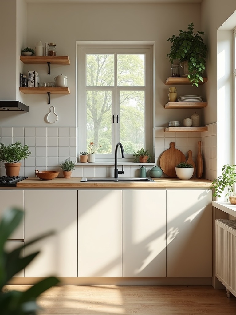 Cozy kitchen design features off white cabinetry. Sink placed under a large window. Wooden elements add warmth. Plants decorate the space.