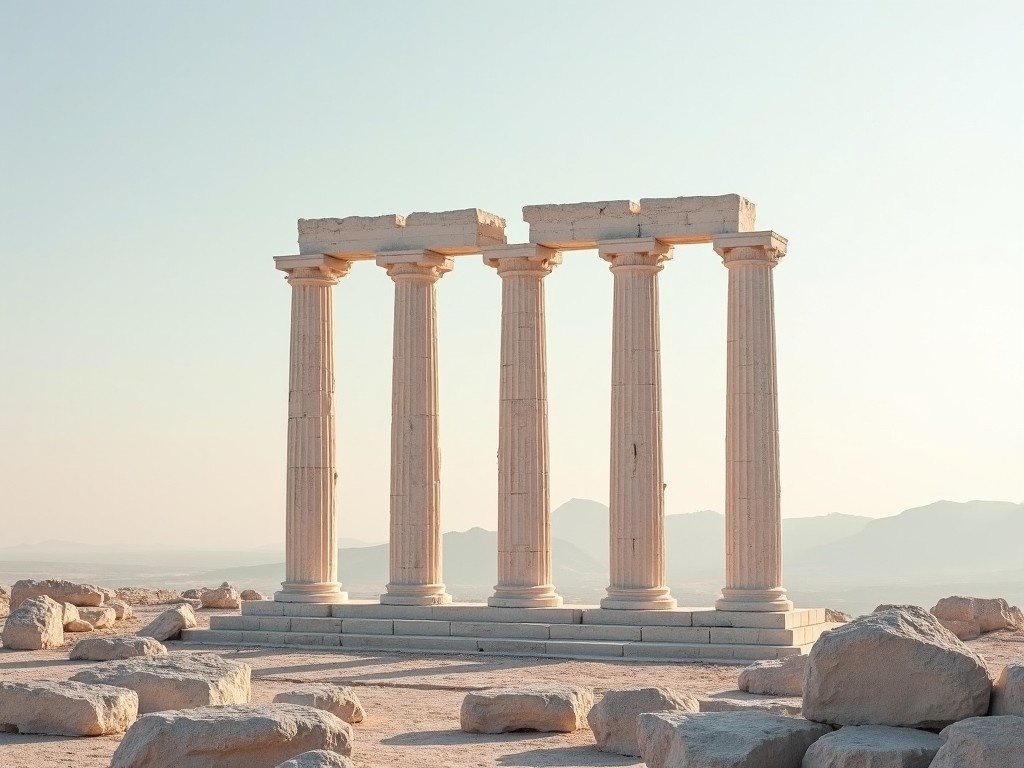 An ancient Greek architecture unfolds in midair. Five classical columns stand tall without a background. They are strategically placed to enhance the sense of culture and heritage. The overall atmosphere is tranquil, inviting viewers to reflect on the beauty of history. The soft light bathes the columns, highlighting their grandeur and historical significance.